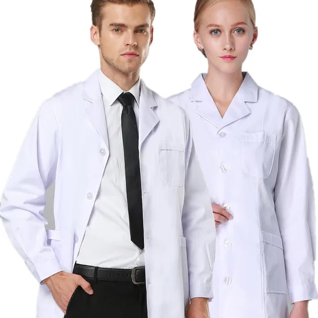 Winter White Women Men Scrubs Lab Coat Medical Tunic Nurse Doctor Uniform Lapel Neck Long Short