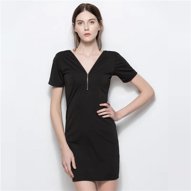 Sexy Summer Dress Women Solid Short Sleeve Deep V Neck Slim Bodycon Club Party With Zipper Plus Size Black Mini Dresses | Женская одежда