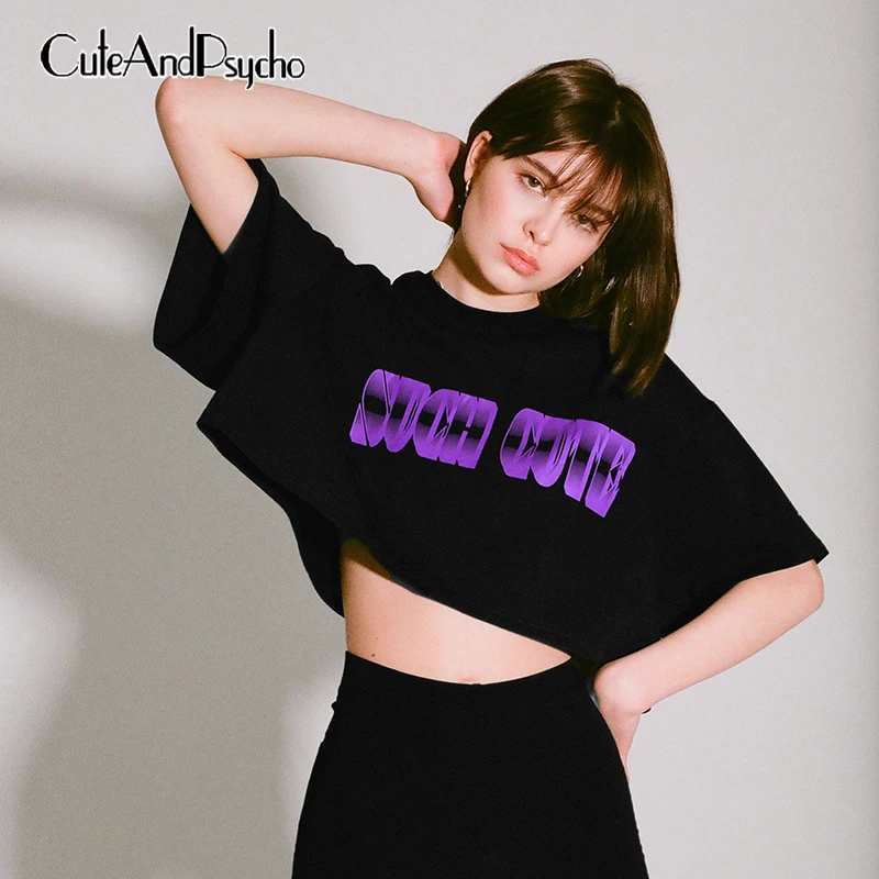 

2019 New Black O-Neck Short T Shirt Casual Loose Short Sleeve T-shirt Letter Printed Basic Cotton Crop Tops Tees Cuteandpsycho