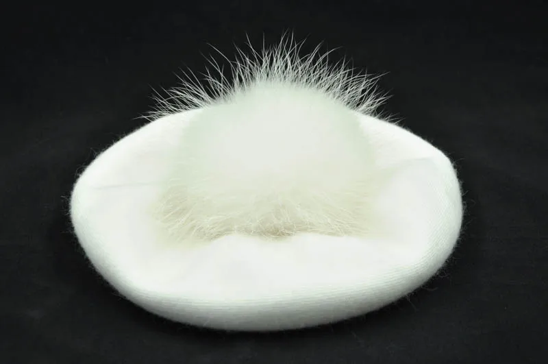 Зимний женский берет, женская шапка, 15 см, натуральный мех енота, помпон, берет, шерсть, кашемир, натуральный мех, шарик, женский берет, шапка для женщин - Color: White match fur