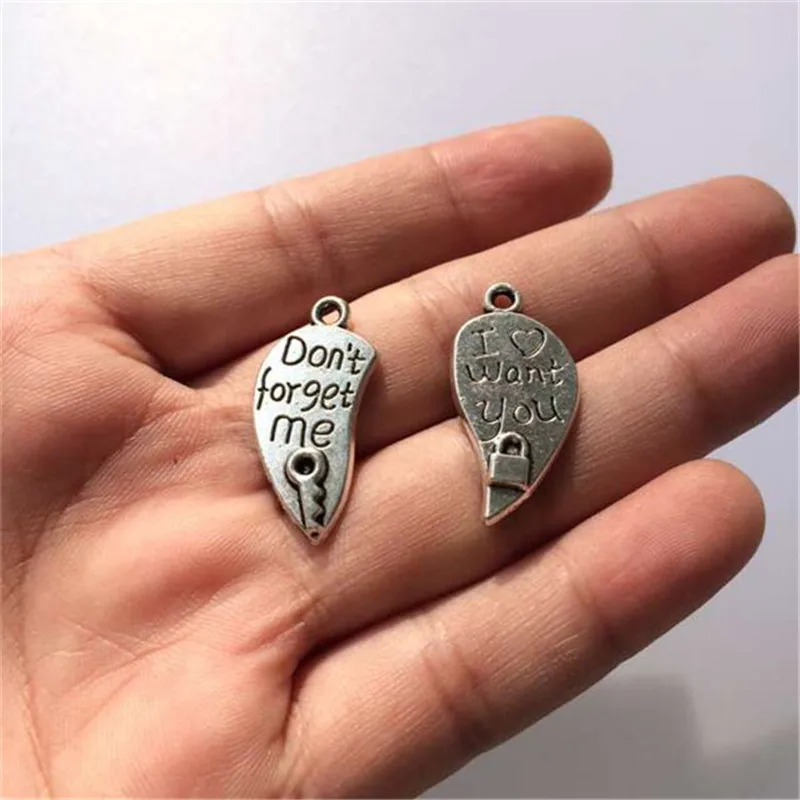 Charm Pendants Heart Lock Key Bronze Don't Forget Me & I Want You Pattern Carved 20x12mm 10sets (T290