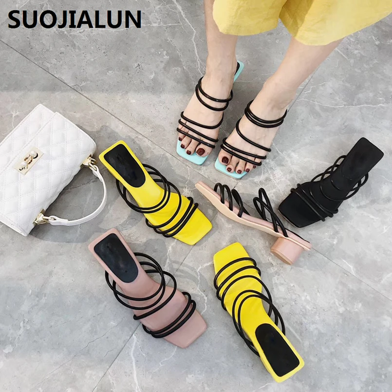 

SUOJIALUN 2019 Summer Square Heel Women Sandals Wild Open Toe Roman Slippers Outdoor Trendy Elegant Women Shoes Half Flip Flops