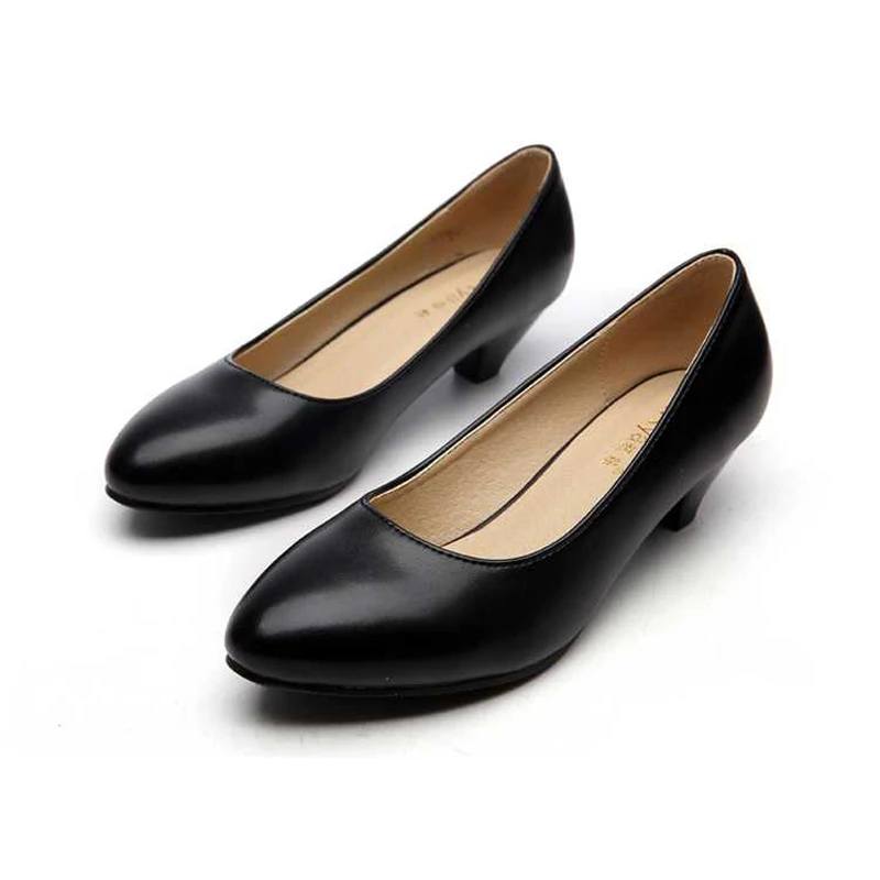 Black Women Pump Shoes Office Career Pointed Toe Square Heel Full Grain ...