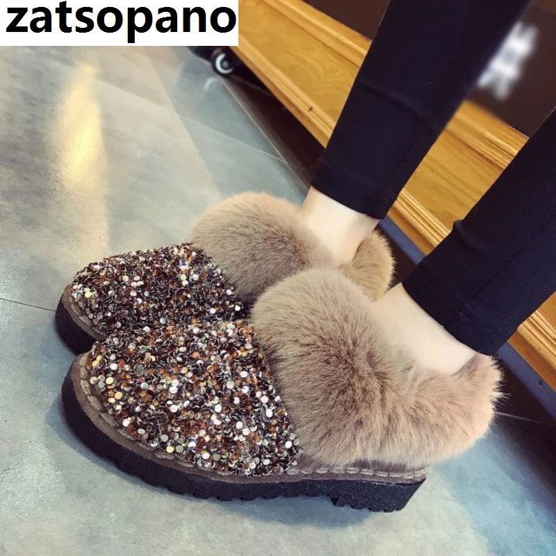 

Zatsopano Women Ankle Fur Boots Side Zip Warm Shoes Female Round Toe Winter Botas Flats Heel Glitter Footwear Size 35-40