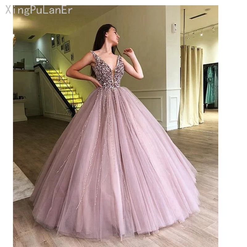 

2019 Puffy Ball Gown Luxury Long Quinceanera Dresses Deep V-neck Sweet 16 Sixteen Beaded Arabic Party Lilac Quinceanera Dress