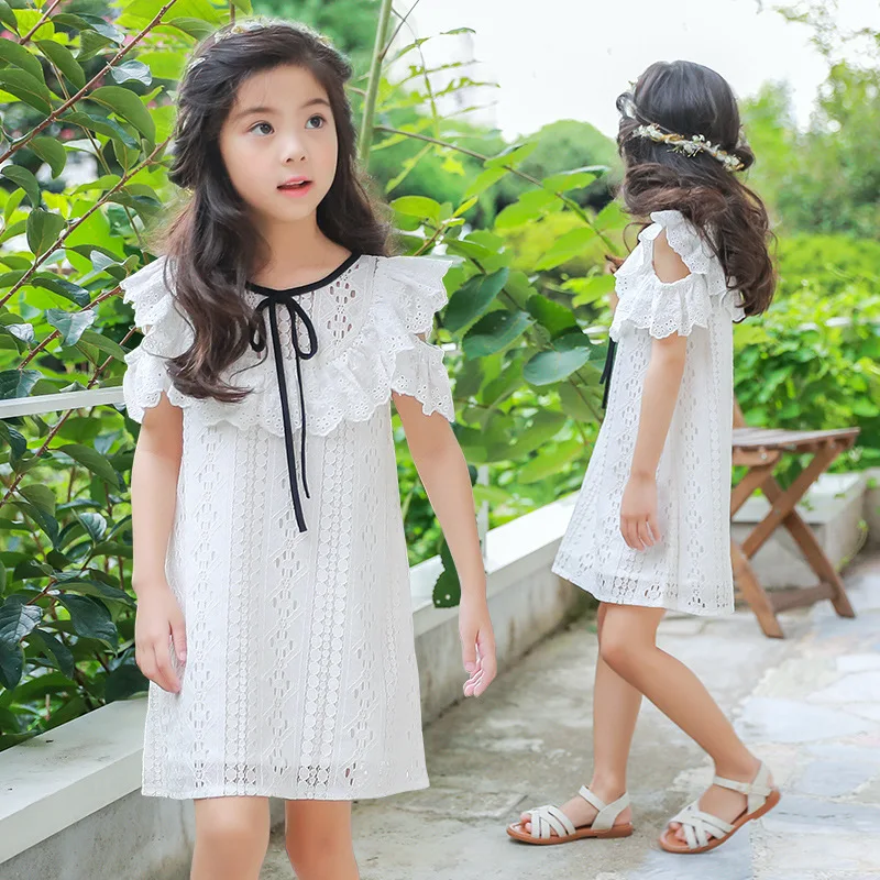 ruffles cotton teenage girls dresses summer children dress 2018 new lace white little girls