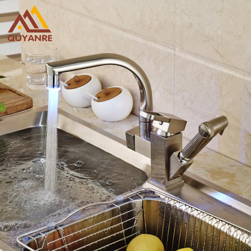 

Wholesale and Retail RGB Light Changing Kitchen Mixer Hot and Cold Water Faucet Pull Out Deck Mounted Tap