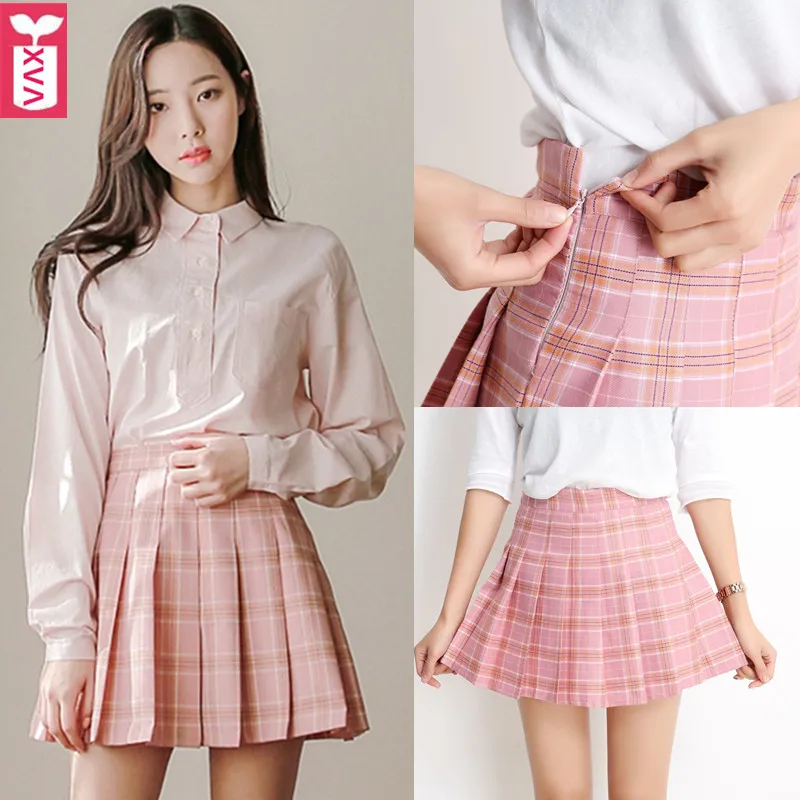Korean Style Brand Knitting Lining Pleated Skirts Women High Waist Office Formal Plaid