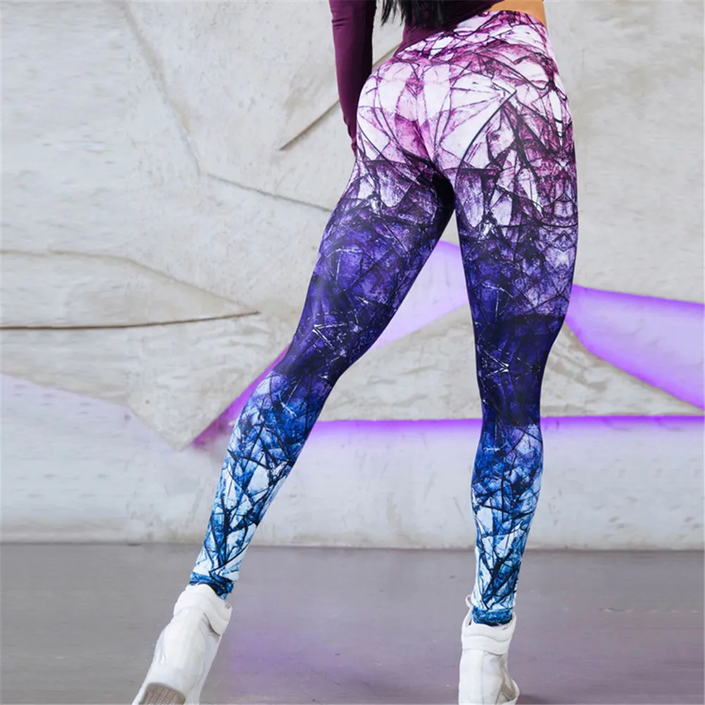 Sexy Colorful Purple Print Sports Yoga Pants High Waist Hips Push Up