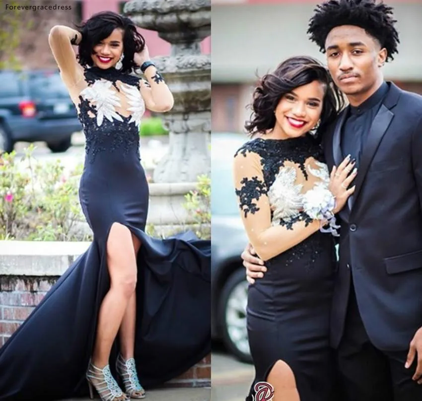 

Dark Navy Prom Dresses 2019 Long Sleeves High Front Split Holidays Graduation Wear Evening Party Gowns Plus Size Custom Made