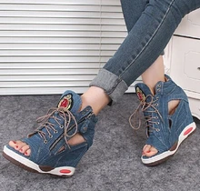 2017 Autumn Denim Lady Sandals Elegant Comfortable Ladies Fashion High Heel Pumps Sexy Woman Wedge Shoes European Shoes B018-2