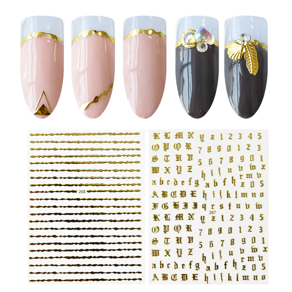 

Nail Sticker Lettering /Geometry Pattern Self Adhesive Stamping Gold Nnail Ssticker Line For Nails Stickers Unghie 3D ZJT4018
