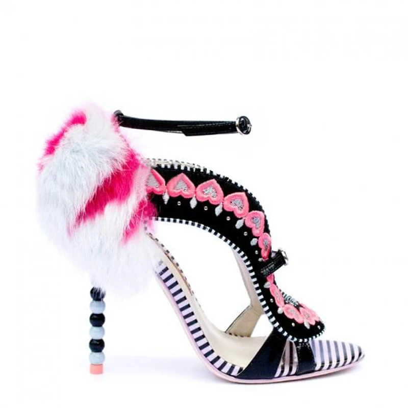 

Good-looking Girls Summer High Heels Fur Heart Embroidered Beaded Heel Sandals Buckle Strap Cut -Outs Sweet Women Sandals