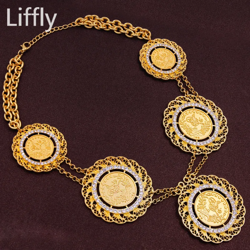 Liffly, классические африканские Золотые Ювелирные наборы из Дубаи, золотая монета, женское свадебное хрустальное ожерелье, серьги, свадебные ювелирные изделия, аксессуары