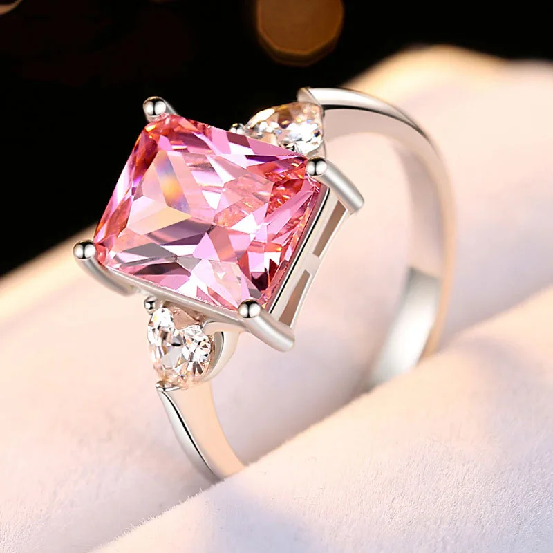 

8x10 Square Stone Artificial Gems Cubic Zirconia Ring Cherry blossom pink Color Real Sterling Silver Jewelry for Girlfriend