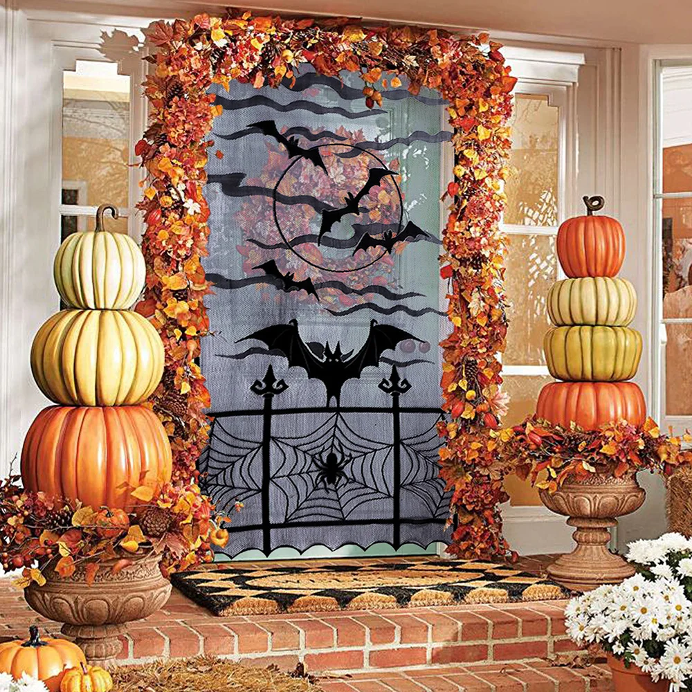 

2pcs New Halloween Bats Lace Window Curtain Set Black Spider Web Bats Door Curtain Panel Halloween Party Door Window Decor