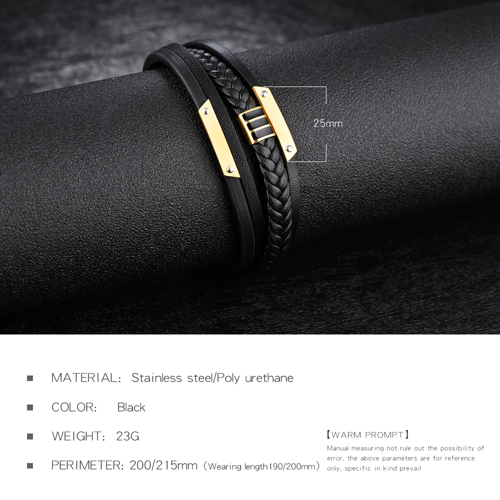 FATE LOVE Punk Male Men Statement Wrap Bracelet Bangles Black Leather Wristlet with Stainless Steel Charm Fashion Jewelry