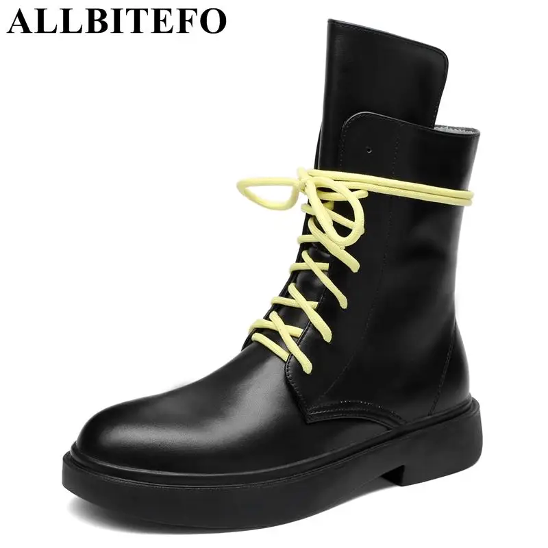 

ALLBITEFO fashion genuine leather thick heel women boots high heels ankle boots women ladies boots winter girls motorcycle boots