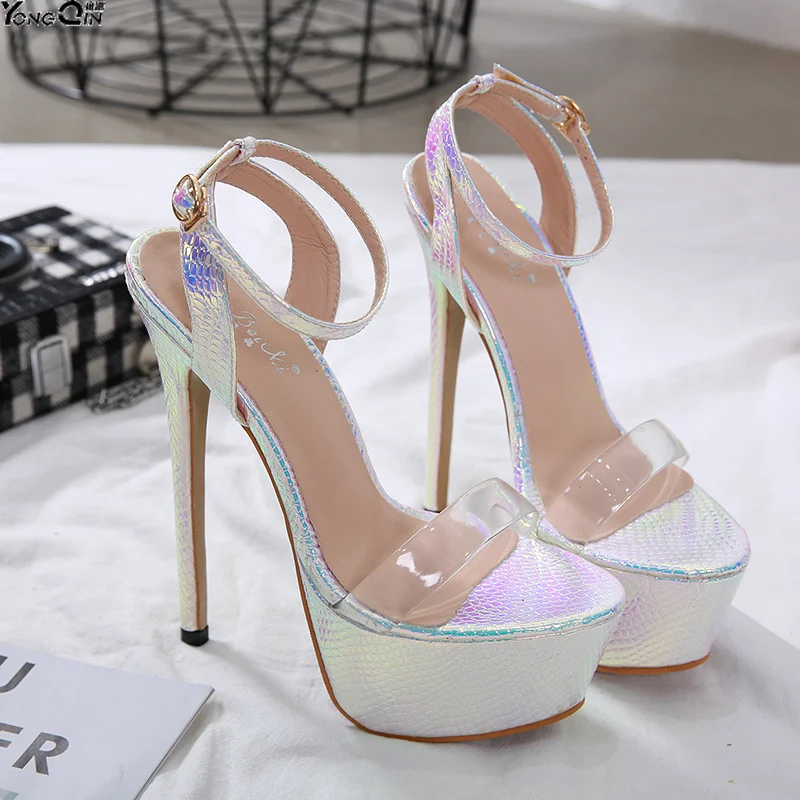 Snake pattern 16CM high heel sexy women sandals peep toe ankle strap platform sandals shoes size 34-40