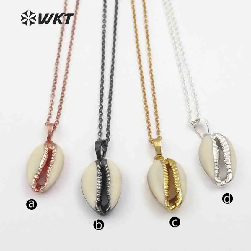 

WT-JN045 WKT Natural Raw Cowrie Shell Pendant In Rose Gold, Gun Black, Gold Electroplated Bohe Necklace Best Gift