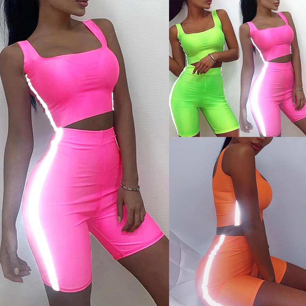 

Fashion Reflective Women Two Piece Outfits Solid Sleeveless Two Piece Set Mini Hand Washable Slash Neck 2 Piece Set Women Hot