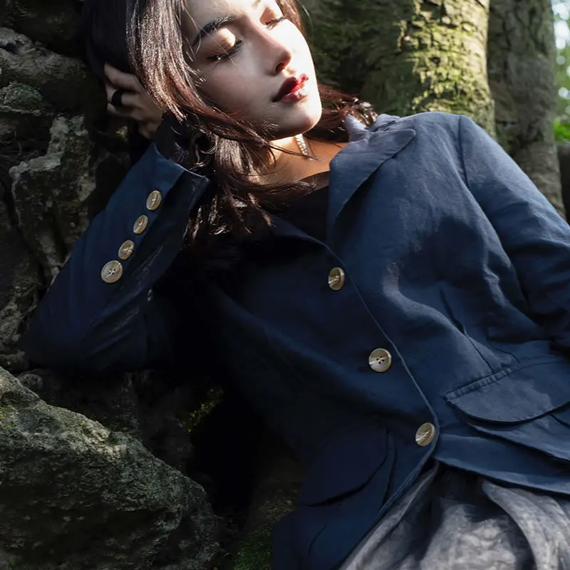 Turn Poche Green Couleur Dll2852 Collar Veste Pleine Femael Manches 2019 Femmes down xitao Nouveau Bouton Mode Lâche Solide Printemps Manteau Dark 4wnXqR64xa