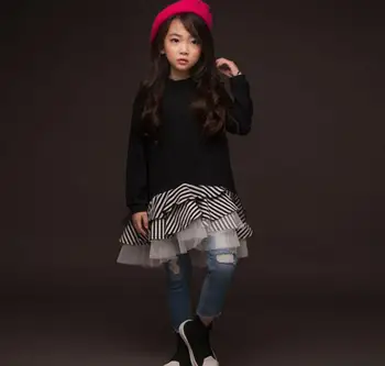 

New Baby Girls Teenage Cotton Striped Ruffles Mesh Dresses, Princess Kids Fashion Dress Wholesale 6 pcs/lot,