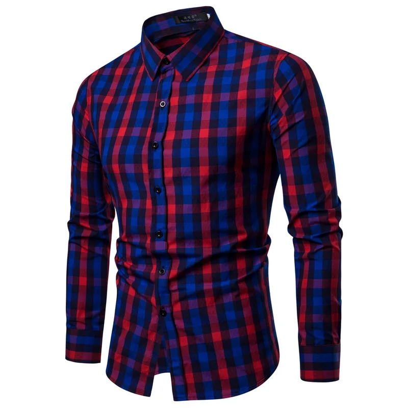 Drop Shipping Men Plaid Shirt Long Sleeve Cotton Shirts 2019 Fashion Casual Multi-color Checkered Man Clothes Chemise Homme