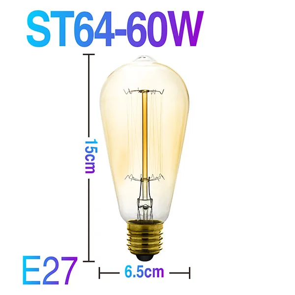 Ампулы Ретро Винтаж Эдисон лампы ST64 G95 ST48 T10 T185 T300 T45 E14 E27 220 В лампа накаливания лампы накаливания светильник теплый белый - Цвет: ST64 60W E27