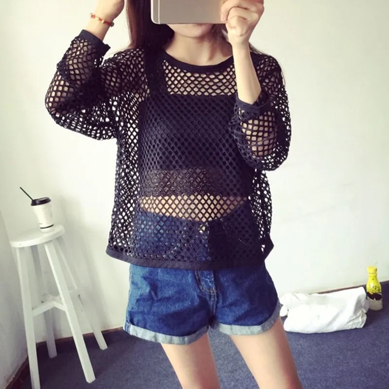

Fashion Women's Ladies Misses Sexy Black Perspective Hollow Mesh Shirt Loose T-shirt Long Sleeve Sheer Slim Basic Tops