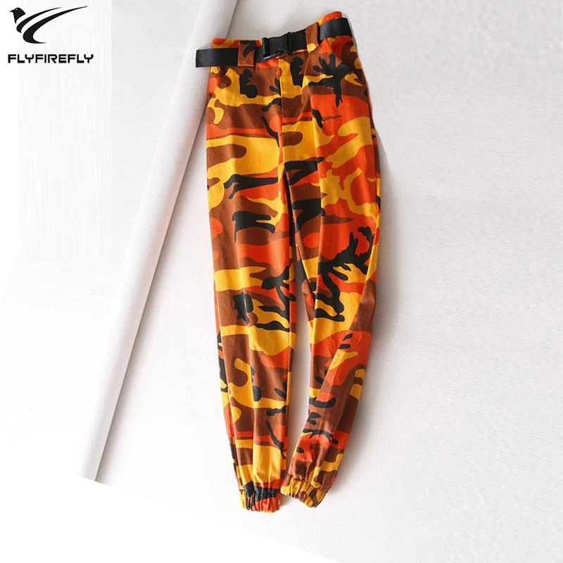 

Austumn Orange High Waist Cargo Pants Women Fashion Sashes Army Camouflage Pants Casual Joggers Loose Sweatpants Trousers Women