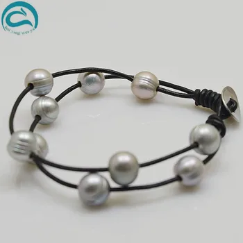 

New Arriver Handmade Leather Pearl Bracelet,20cm 2rows Gray Round Cultured Freshwater Pearl Real Black Leather Jewellery