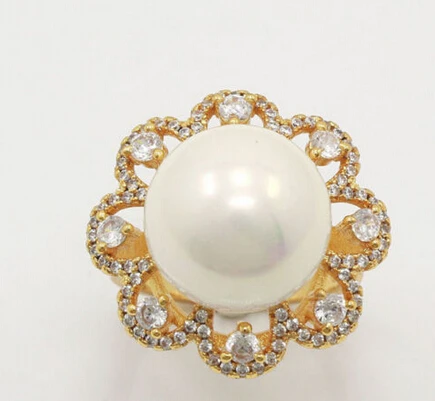 

07479 GRACE LATEST STYLE WHITE TOPAZ RIVER PEARL YELLOW GOLD PLATED RING SIZE