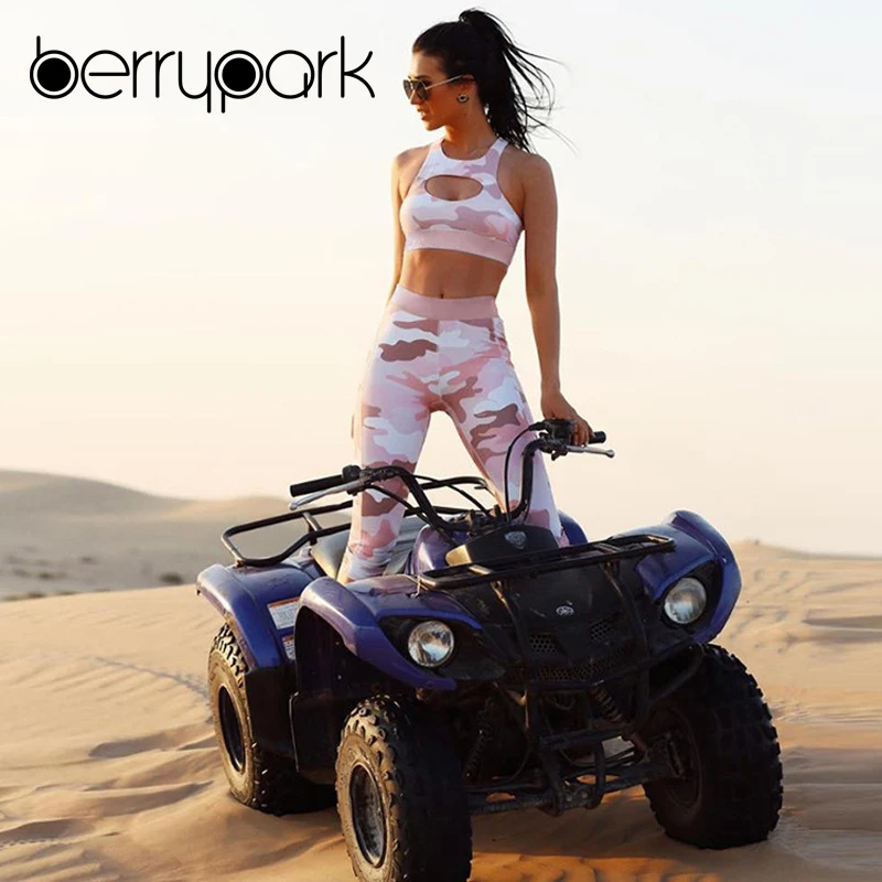 

BerryPark Motorcycle Sport Outfits 2019 Summer Women Pink Camouflage Hollow Out Yoga Set Slim Stretchy Running Fitness Clothes