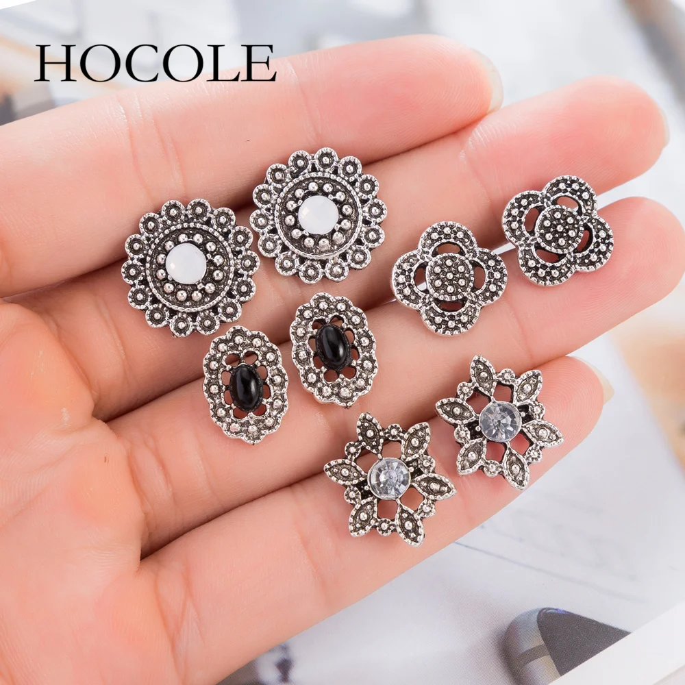

HOCOLE 4 Pairs/Set Women Vintage Stud Earrings Set Antique Silver Color Metal Bohemia Flower Oval Earrings for Women Jewelry