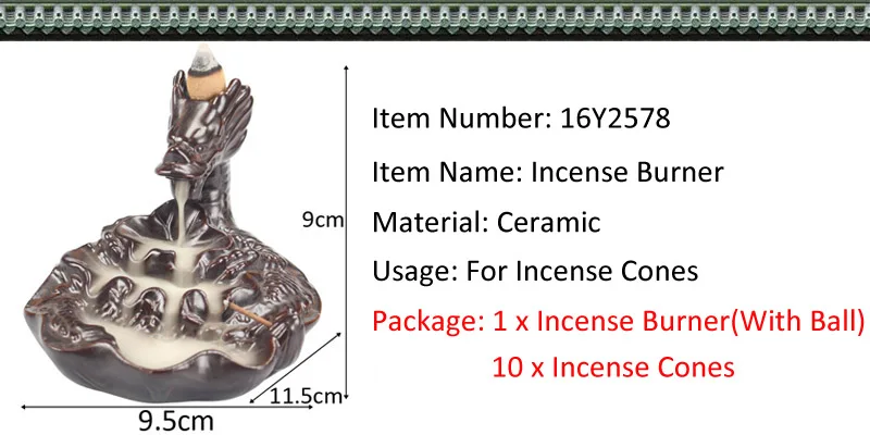 Горелка для благовоний с хрустальным шаром, держатель для благовоний Dragon, ароматическая курильница с дымом и водопадом+ 10 конусов для благовоний