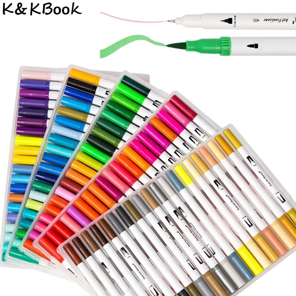 K&KBOOK 24 36 48 60 100 Colors Dual Head Brush Pen Art Marker Pen 0.4mm