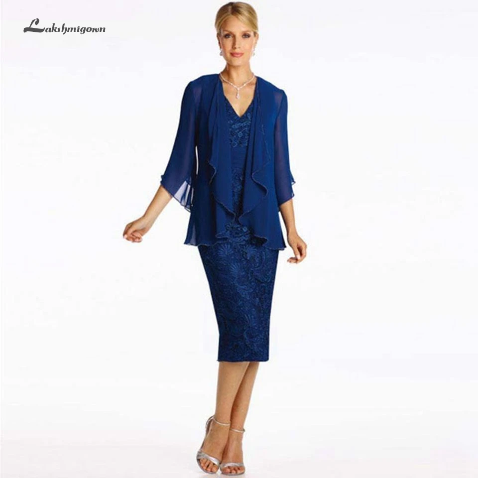 

Lakshmigown Sheath Navy Blue Mother Of The Bride Dresses with Jacket 2019 Mint Lace Formal Party Evening Gowns Knee Length