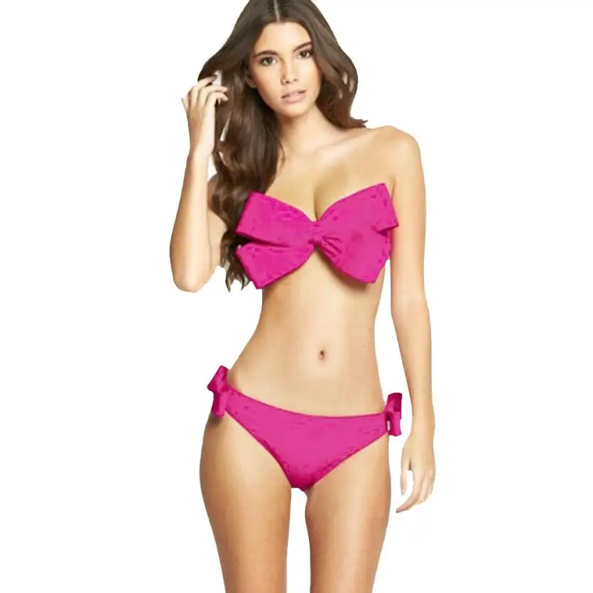 

Women Swim Wear Solid Swimwear Bikini Big Bowknot Beach Wear Push Up Swimsuit Wire Free Solid Bikini High JL04Y