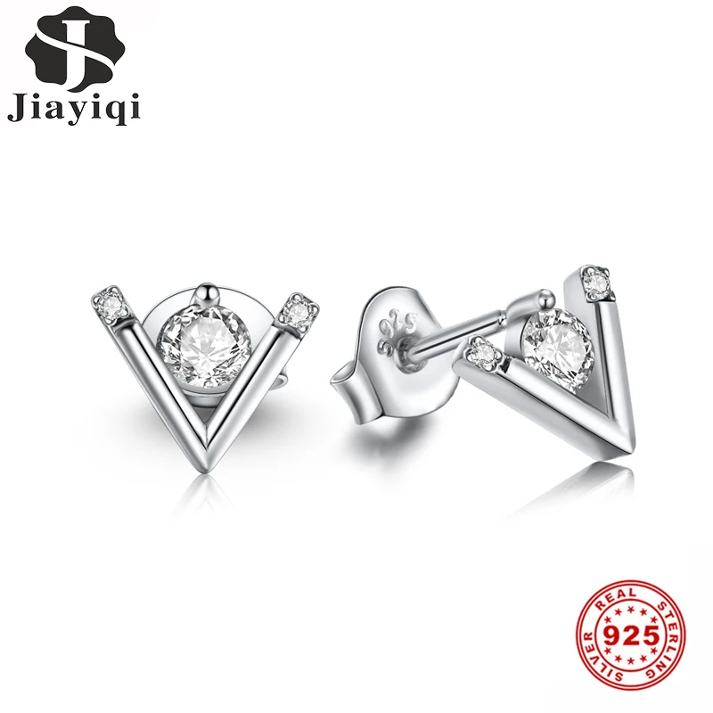 

Jiayiqi V Letter Modeling Zircon 925 Sterling Silver Stud Earrings Sparkling CZ Prevent Allergy For Women Fine Jewelry Gift