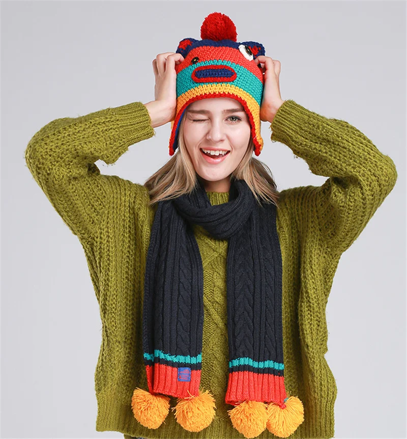Теплый женский зимний шарф и шапка, набор для девочек, Зимний милый теплый вязаный помпон, шапка, шарф, набор, Забавный теплый комплект с помпоном из мультфильма