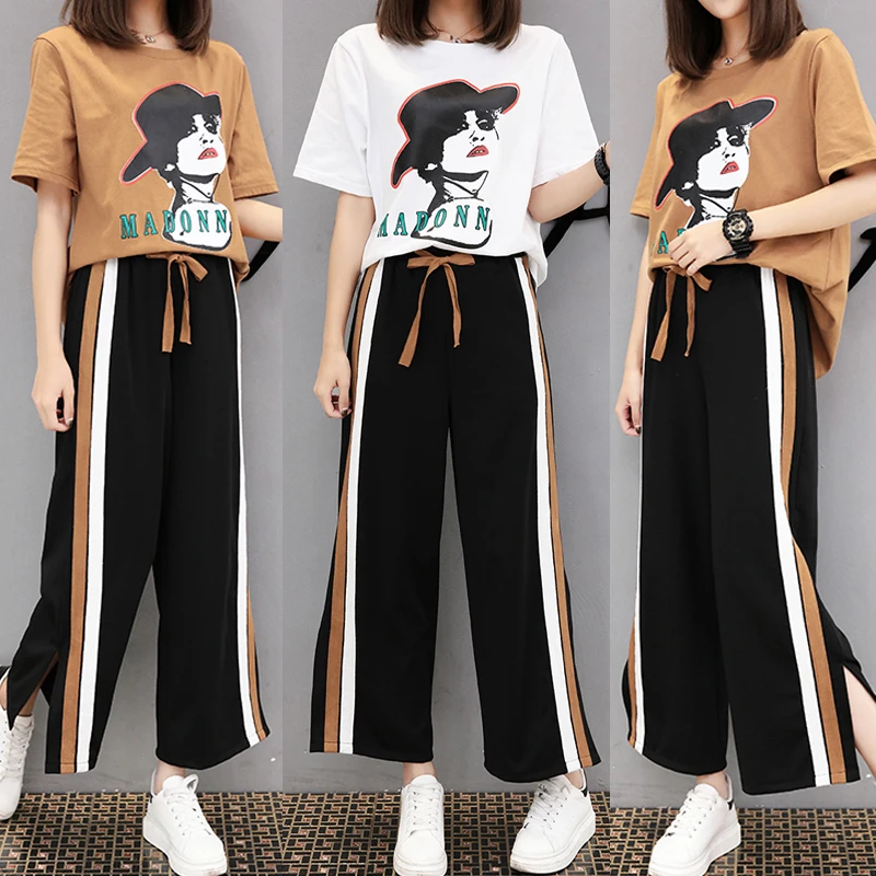 

2019 Causal Suit Female Summer Loose Letter Printing T-shirt Split Striped Striped Wide Leg Pants Trousers Two Pieces Set