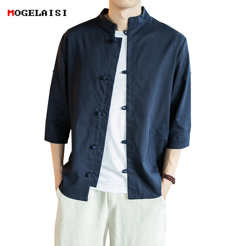 Kopen Linnen Katoen Mannen Shirt Master Kleding Plus 5XL Drie Quater Mouwen Vlas Shirt Solid Pocket Slanke Retro Shirts Mannelijke Grootte m 5XL