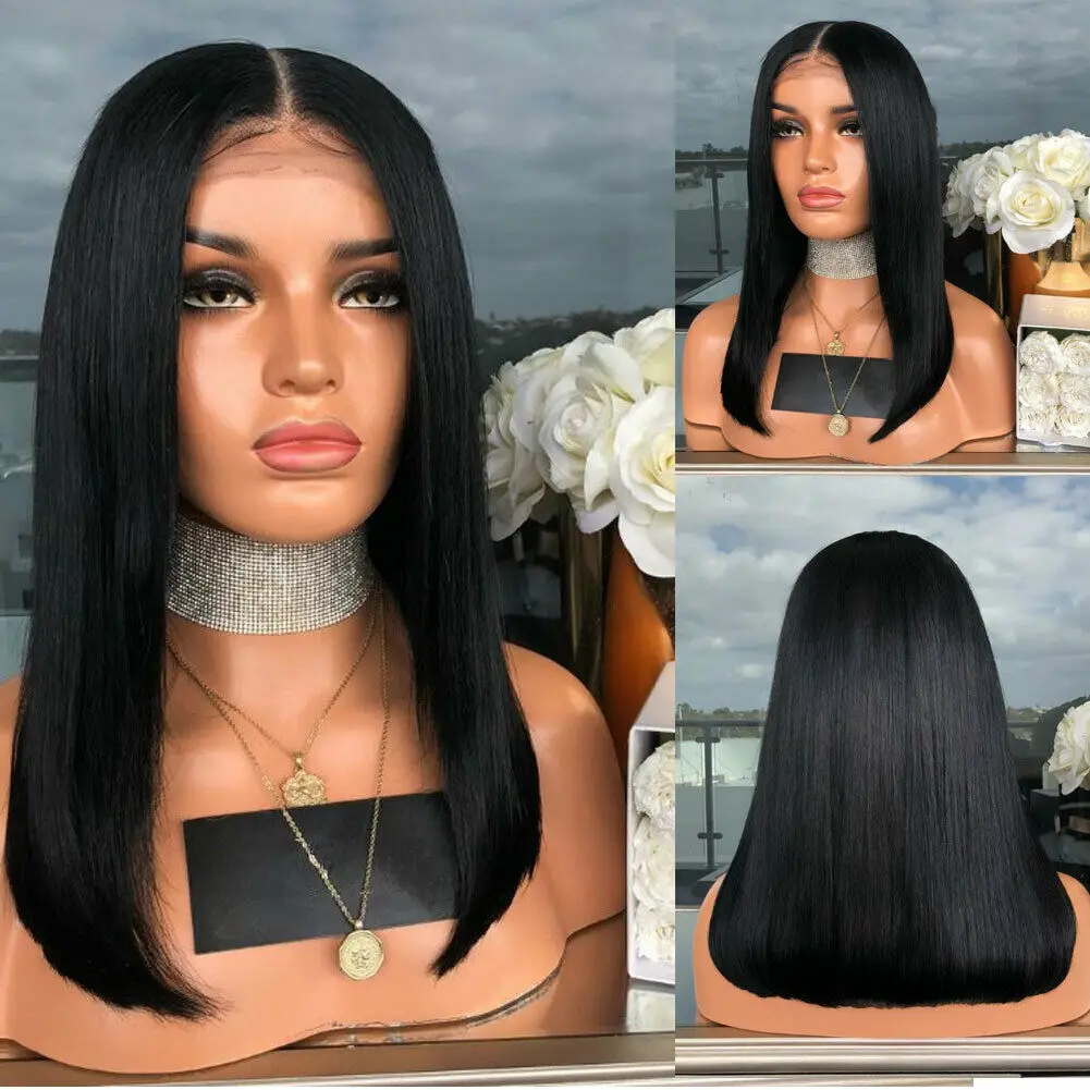 

Women Fashion Synthetic Short Bob Hair Black Straight Wig Side-Parted Wigs Gift Lace Front Wig Natural New