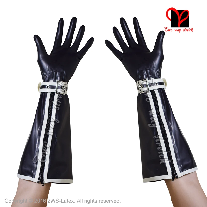 

Black Sexy Latex Gloves with Zipper and belt Rubber Mitten Gauntlet ST-031