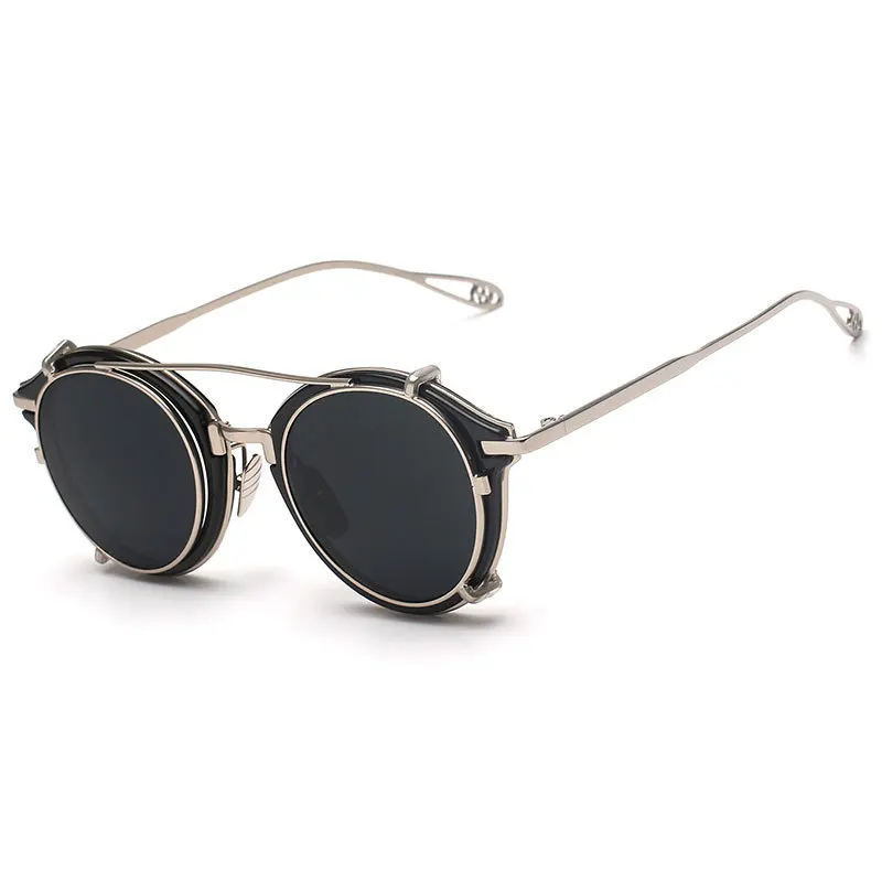

Cubojue Clip on Sunglasses Men Women Round Mirrored Steampunk Sun Glasses for Man Double Lens for Myopia Optical Frame Pink Blue