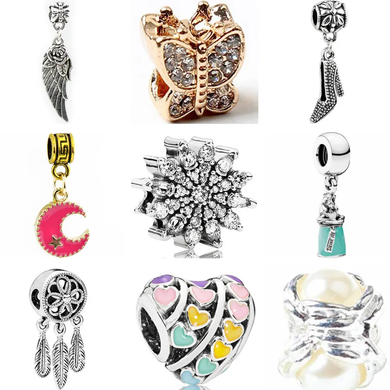 

Hollow Crystal Moon Butterfly Feather Dreamcatcher Love Heart Simulated Pearl Beads Fit Pandora Pendant Bracelets for Women DIY