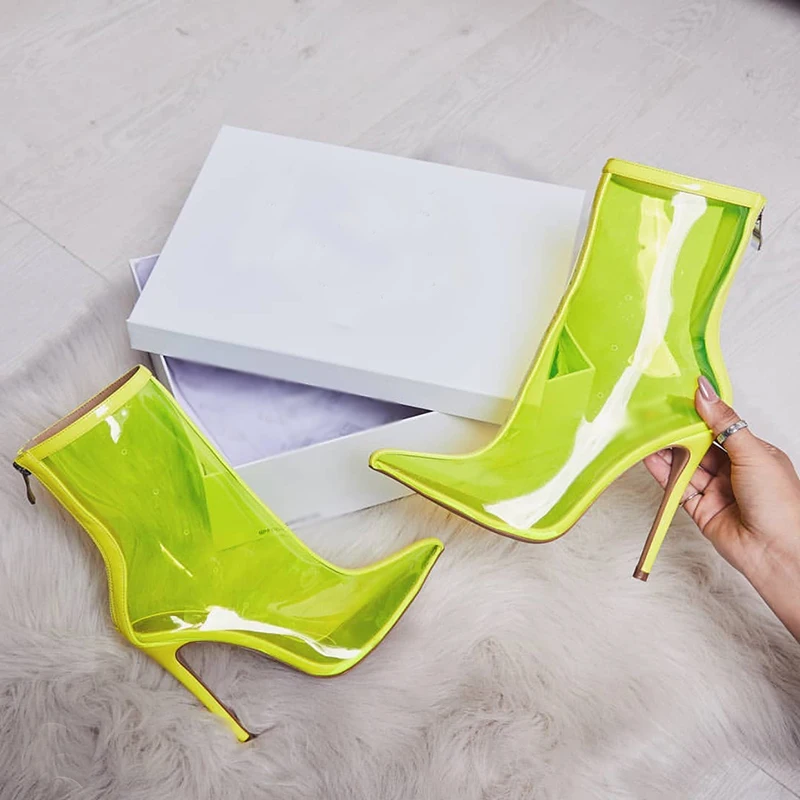 

2019 Fashion Women PVC Ankle Boots Super High Heels Women Shoes Sexy Transparent Boots Pointed Toe Crystal Handmade