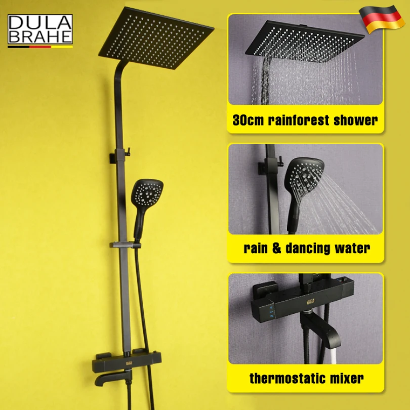 Bathroom Rain Shower Set Thermostat Bath Shower Faucet Valve Black Shower System Panel Brass Rainfall Waterfall Shower Head