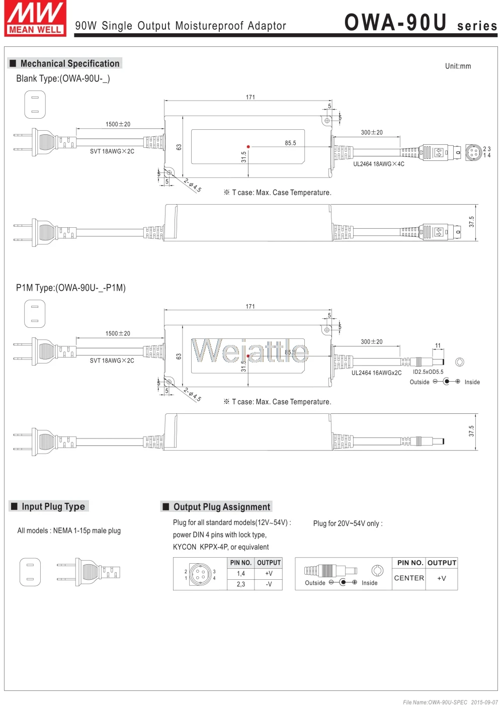 Средняя проверенный OWA-90U-12-P1M 12 V 7.5A OWA-90U 12 V 90 W один Выход влагостойкий адаптер США Тип Водонепроницаемый IP65